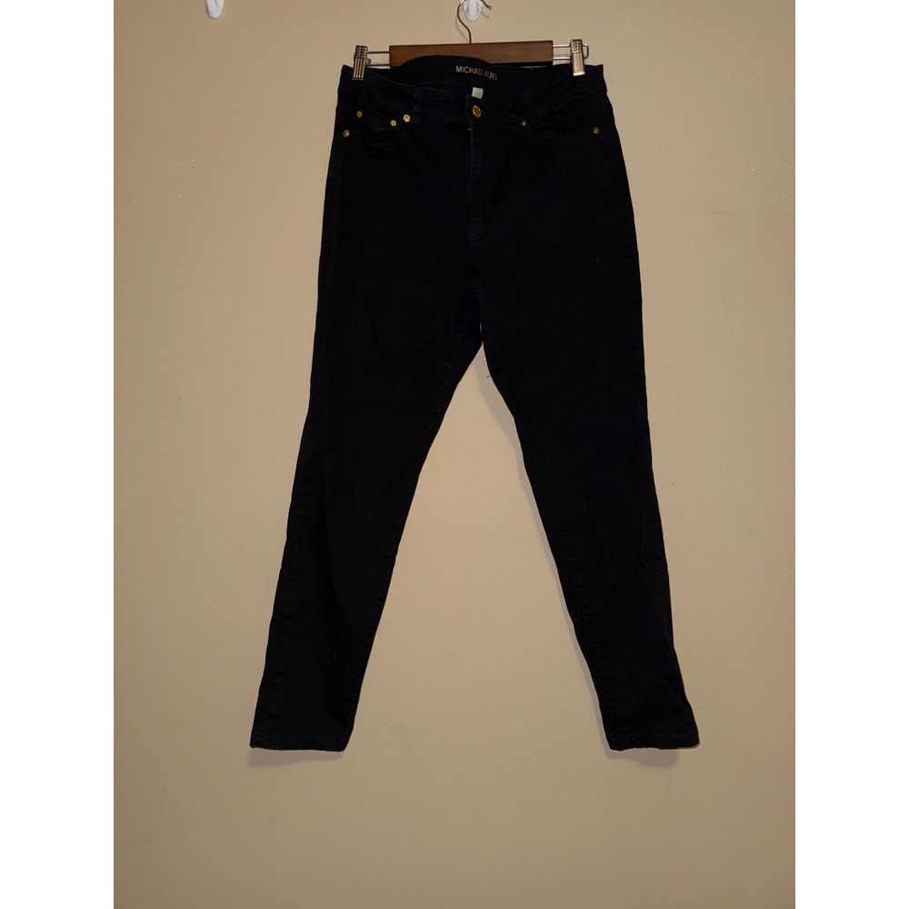 Michael Kors Womens Black Skinny Jeans Gold Hardware Size 10 Mid Rise Minimalist